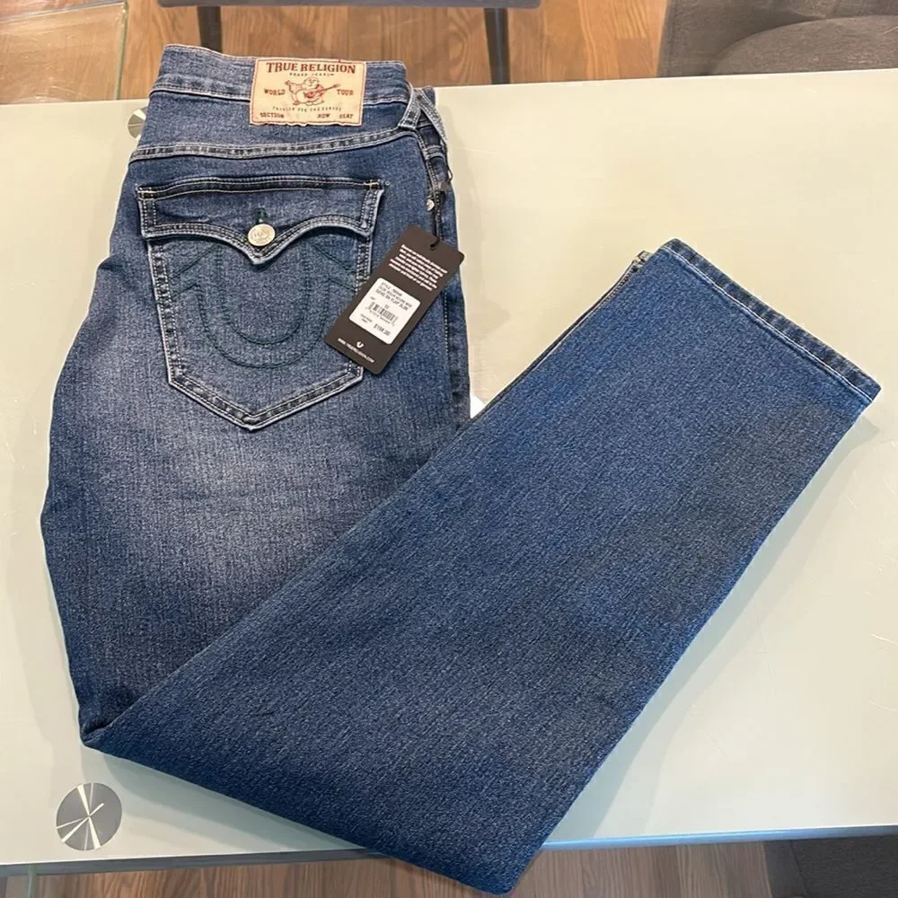 True Religion NWT jeans 32 GENO an flap slim dark blue wash faded very stretchy